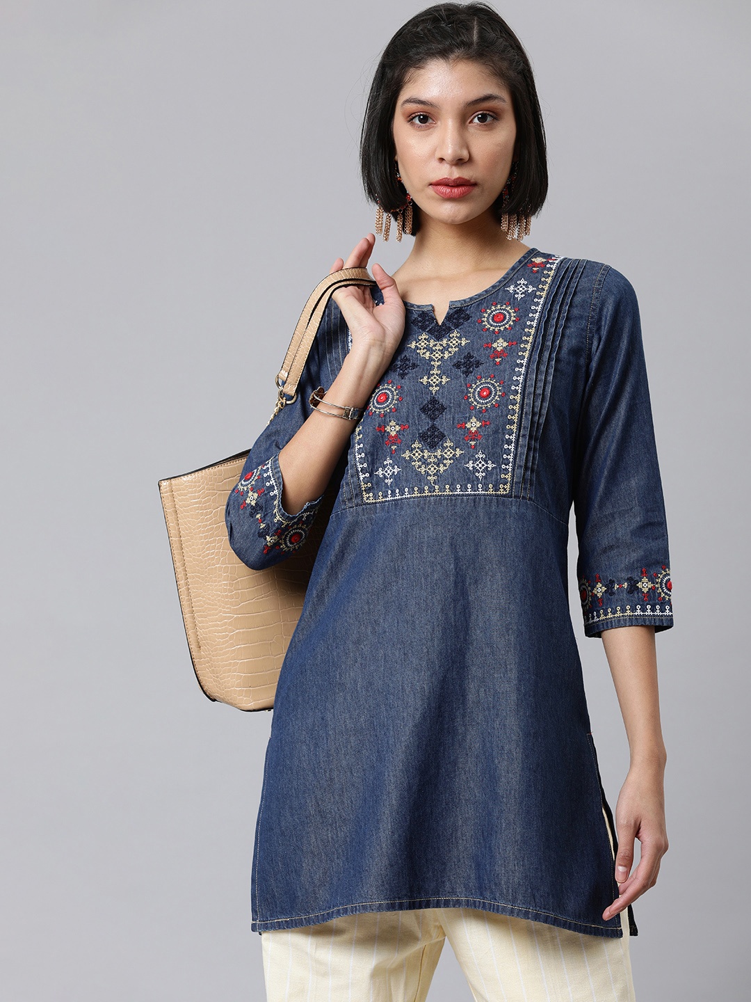 

ETIQUETTE Women Blue Ethnic Motifs Yoke Design Denim Kurta
