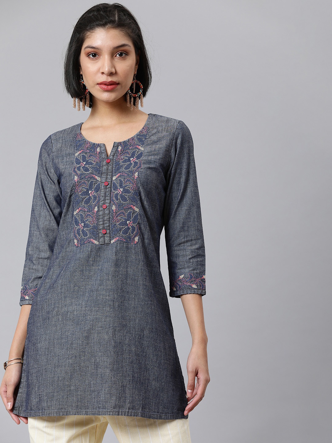 

ETIQUETTE Women Navy Blue Ethnic Motifs Yoke Design Denim Kurta