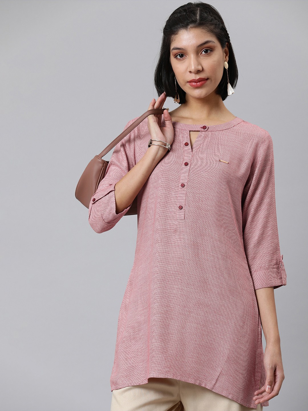 

ETIQUETTE Pink Self Design Mandarin Collar Embellished Tunic