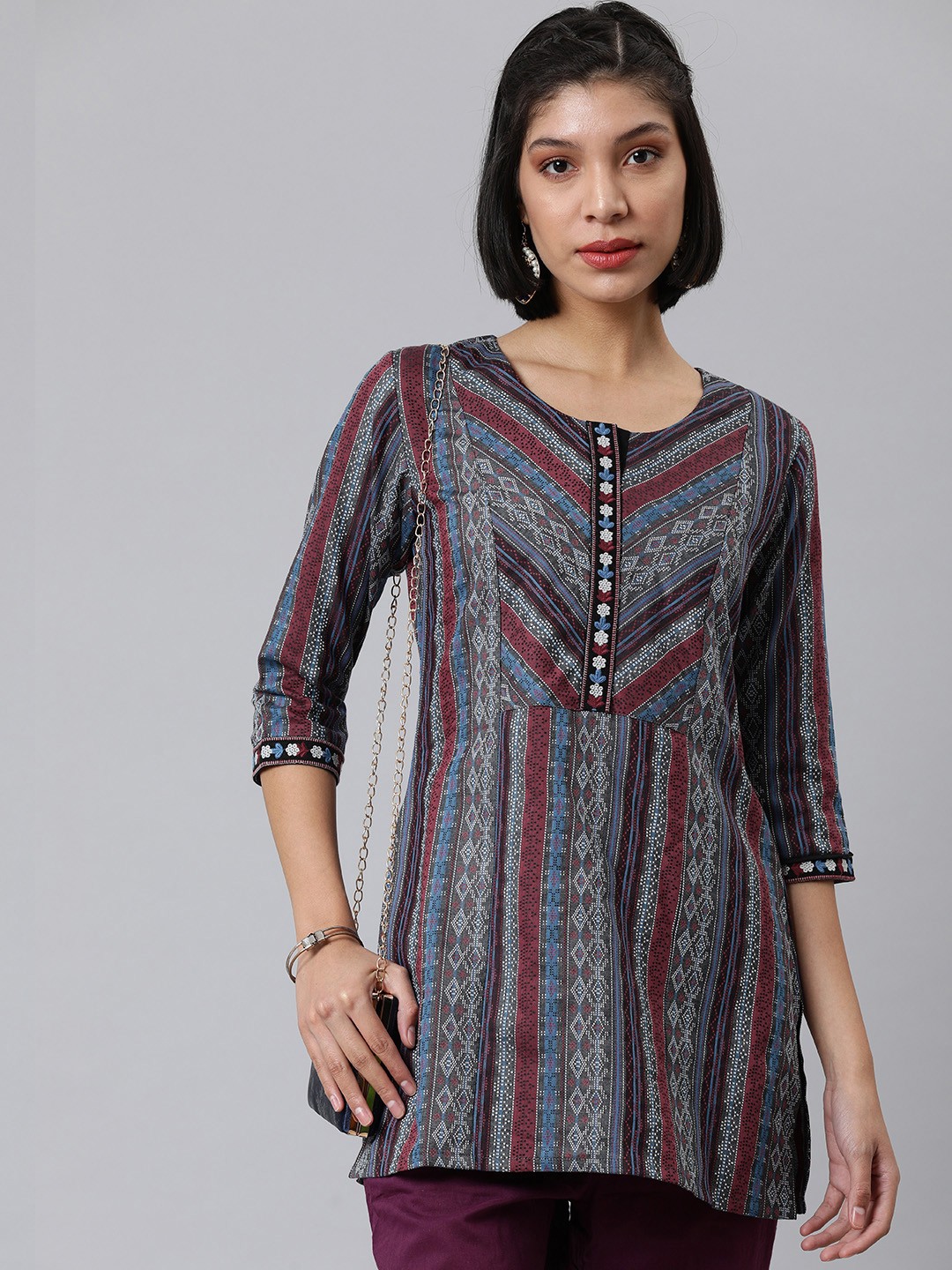 

ETIQUETTE Blue & Burgundy Self Design Ethnic Print Tunic