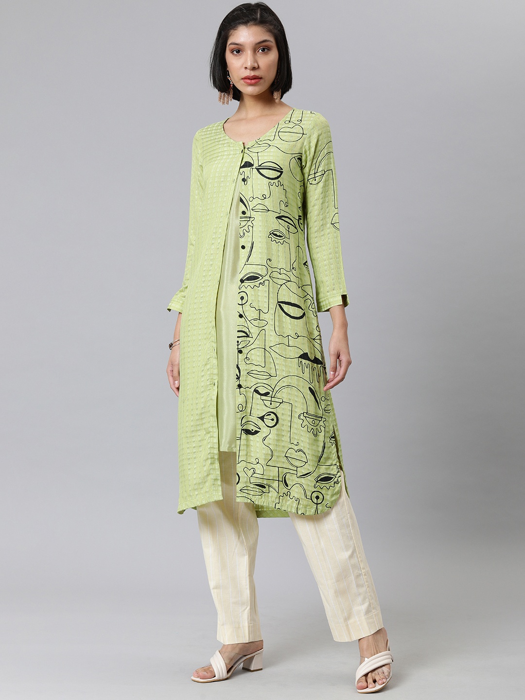 

ETIQUETTE Women Green Quirky Print Self Checks Kurta