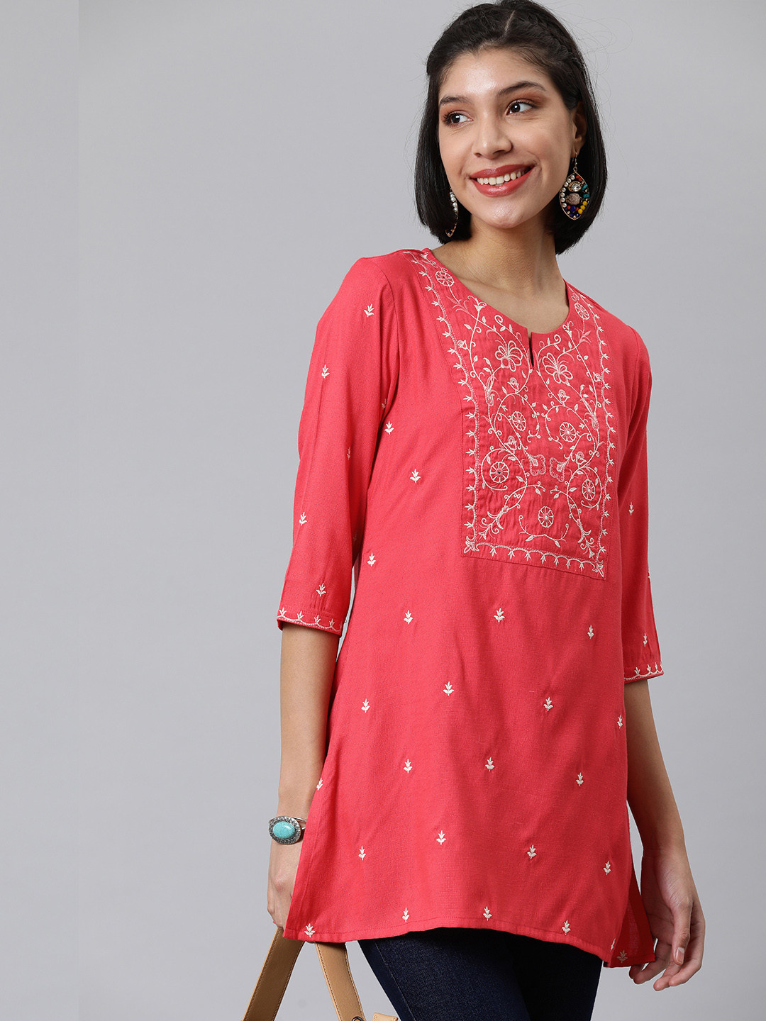 

ETIQUETTE Coral Red Ethnic Motifs Embroidered Mirror Work Kurti
