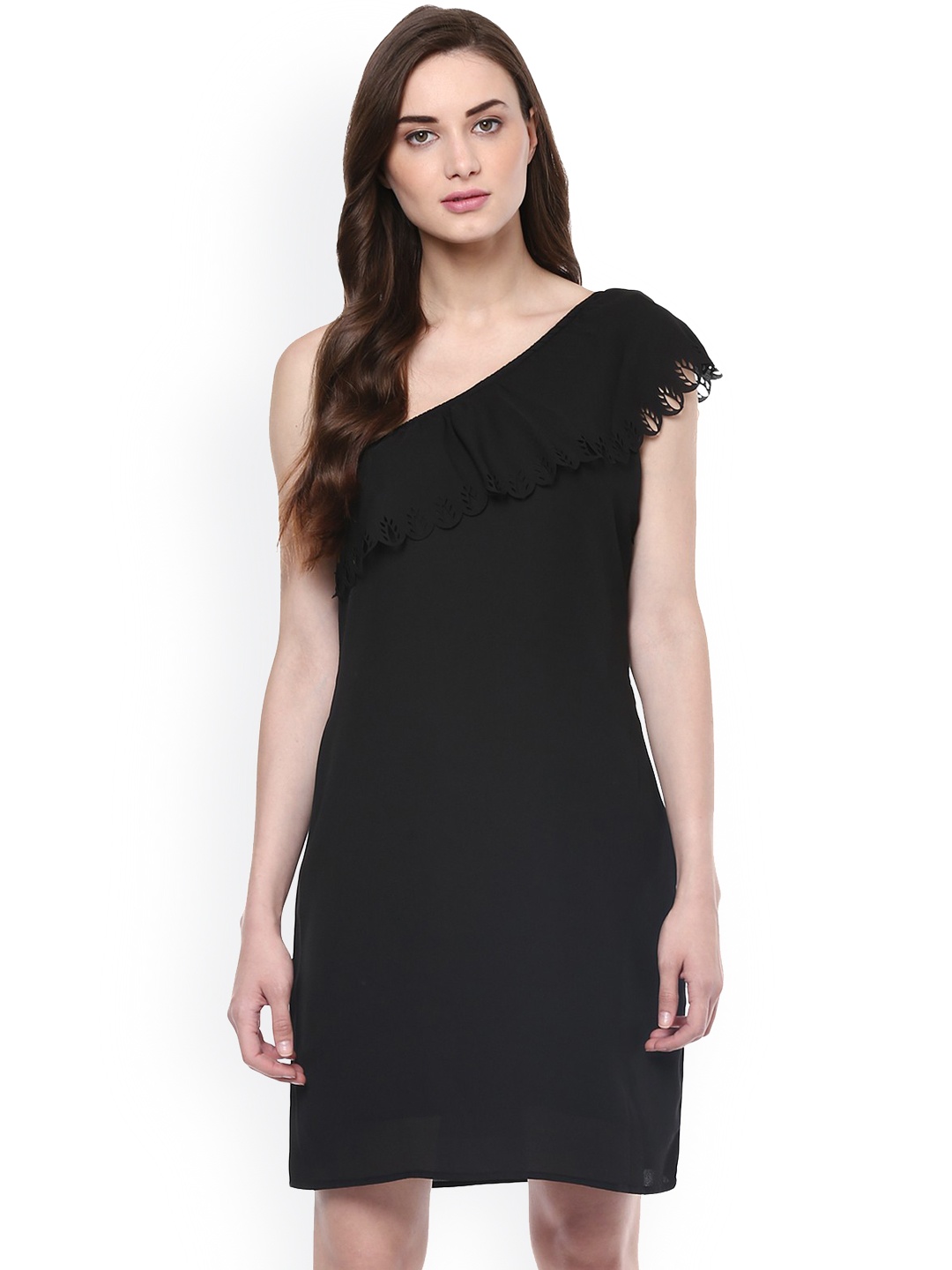 

Zima Leto Women Black Solid A-Line One Shoulder Dress