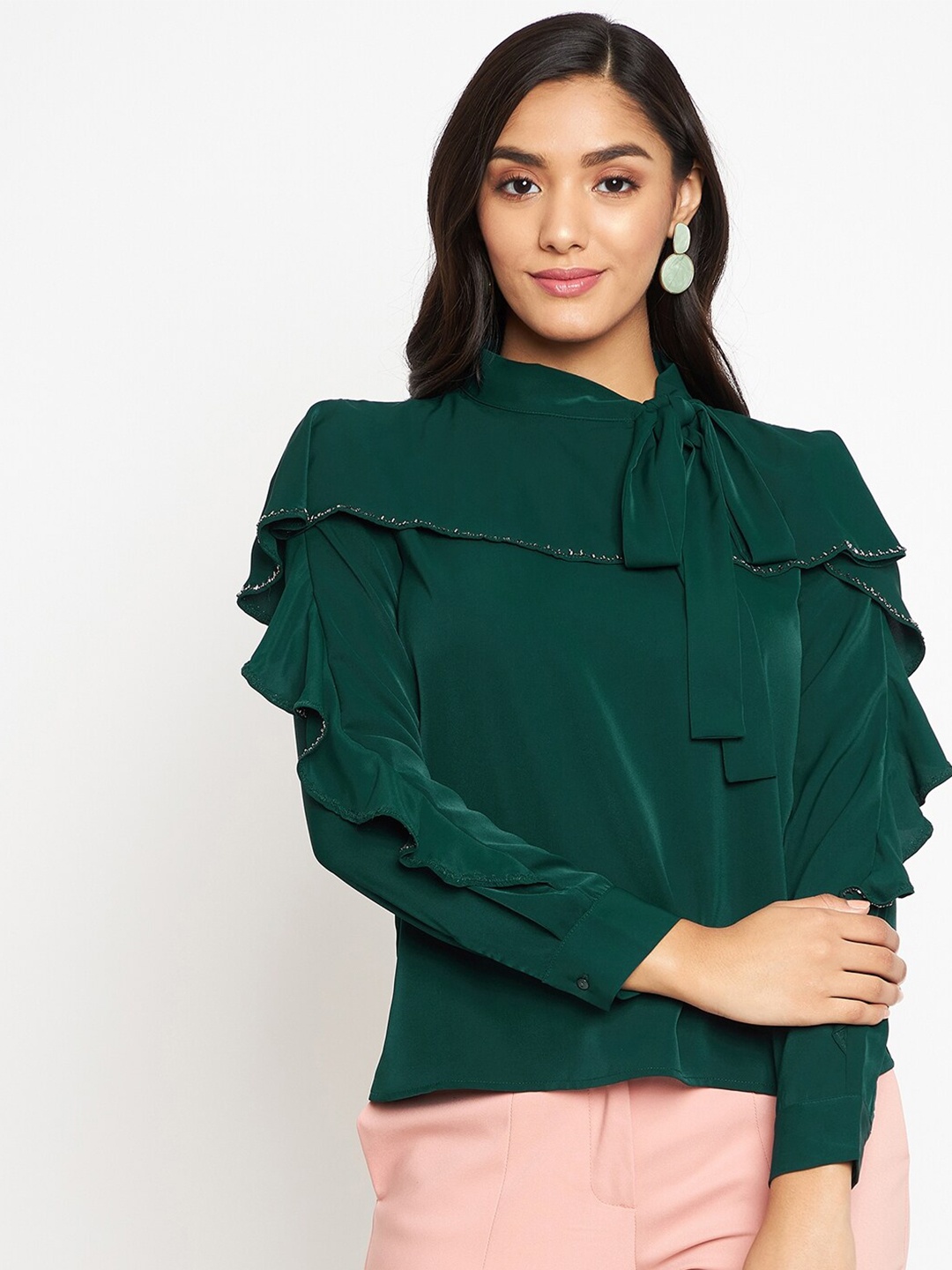 

Madame Green Tie-Up Neck Ruffles Layered Top