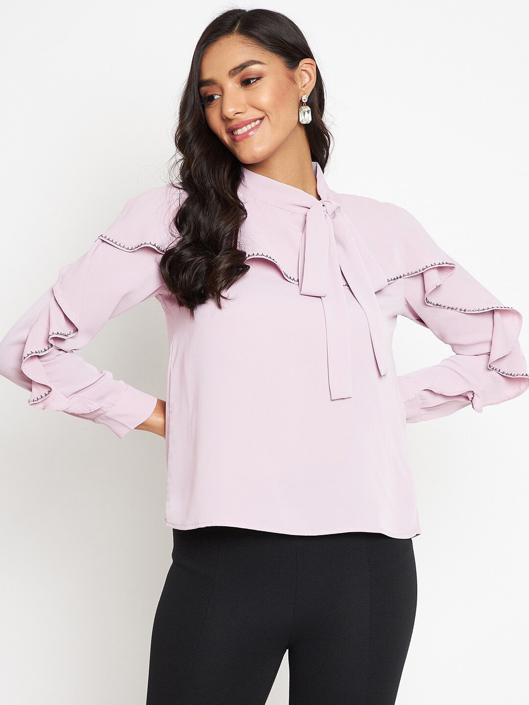 

Madame Lavender Tie-Up Neck Ruffles Top