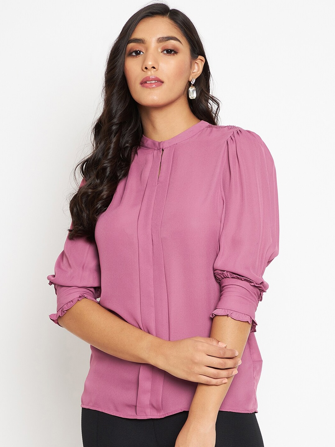 

Madame Fuchsia Mandarin Collar Puff Sleeves Top