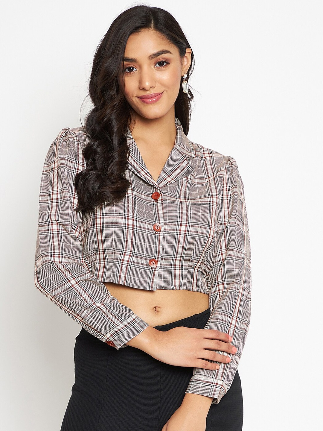 

Madame Cream-Coloured & Brown Checked Shirt Style Crop Top