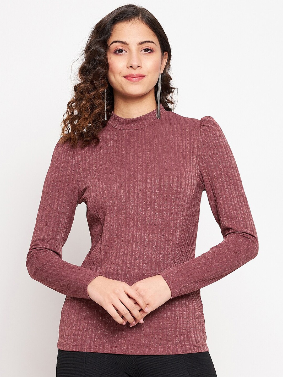 

Madame Red Striped High Neck Full Sleeves Fitted Top