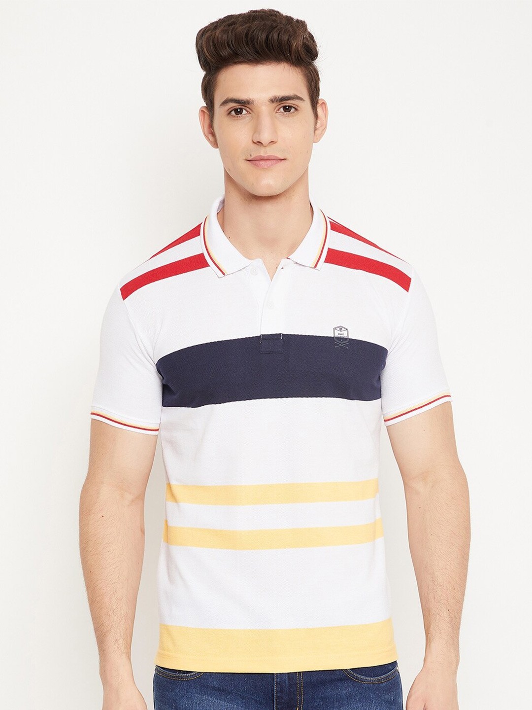 

Duke Men White & Red Striped Cotton Polo Collar Slim Fit T-shirt