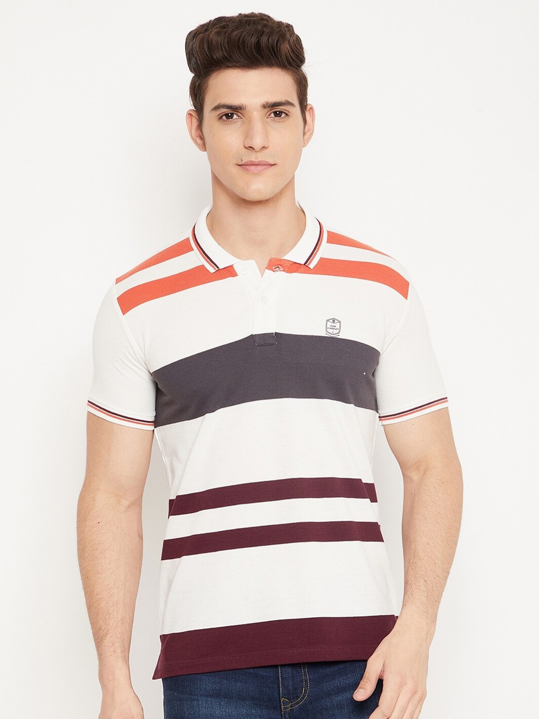 

Duke Men Orange & White Colourblocked Polo Collar Slim Fit T-shirt