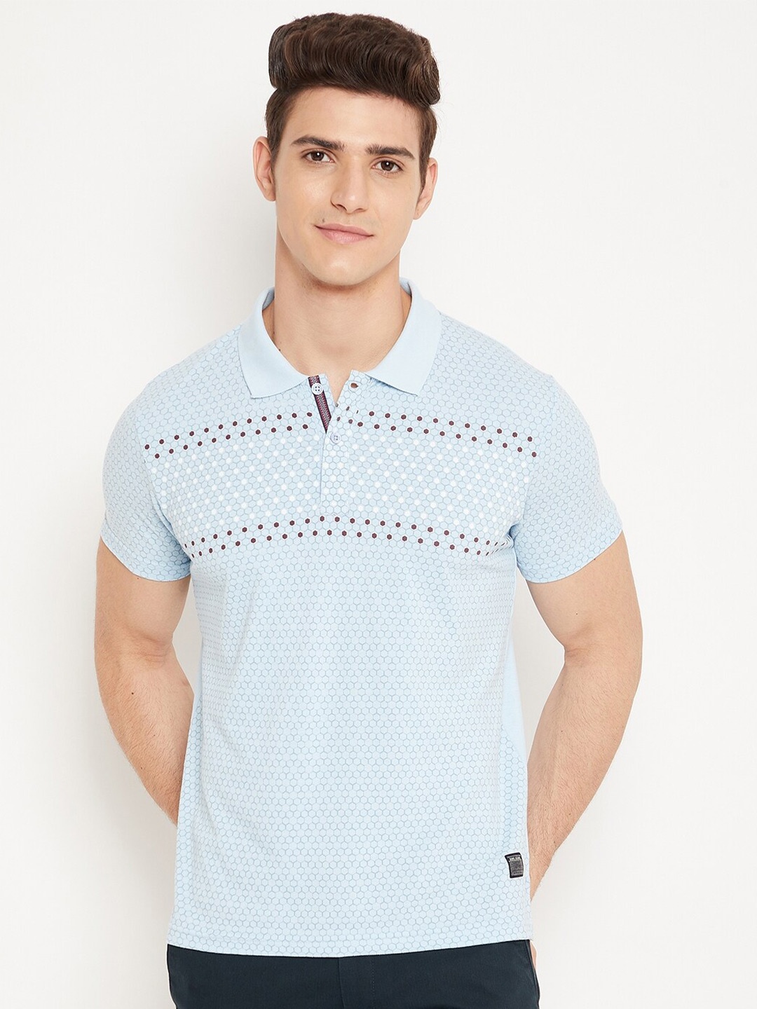 

Duke Men Blue Geometric Print Polo Collar Slim Fit T-shirt