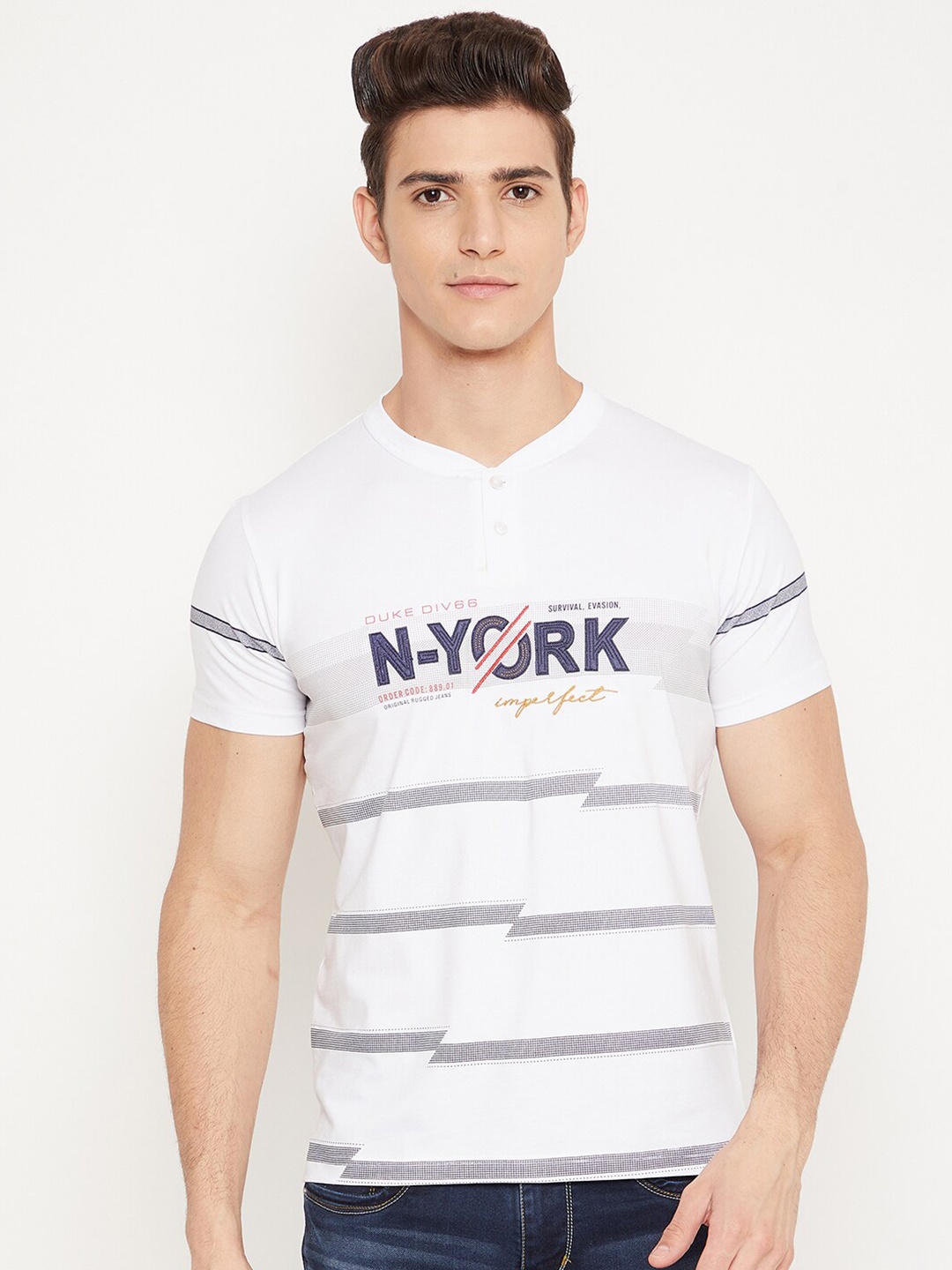 

Duke Men White Striped V-Neck Applique T-shirt