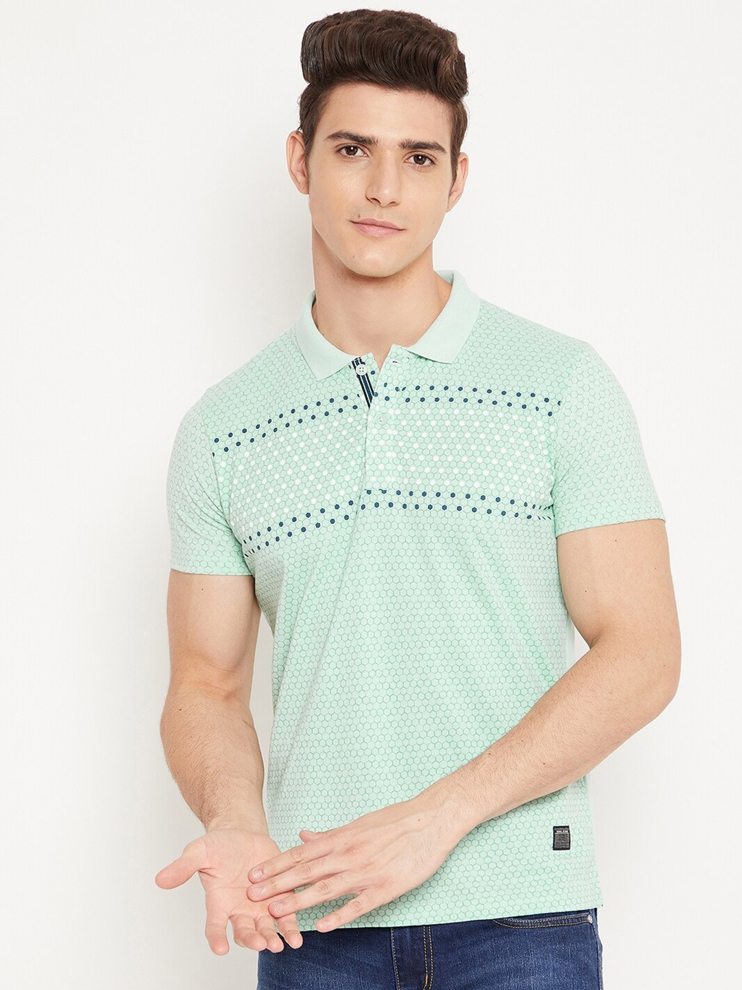 

Duke Men Sea Green Printed Polo Collar Slim Fit T-shirt