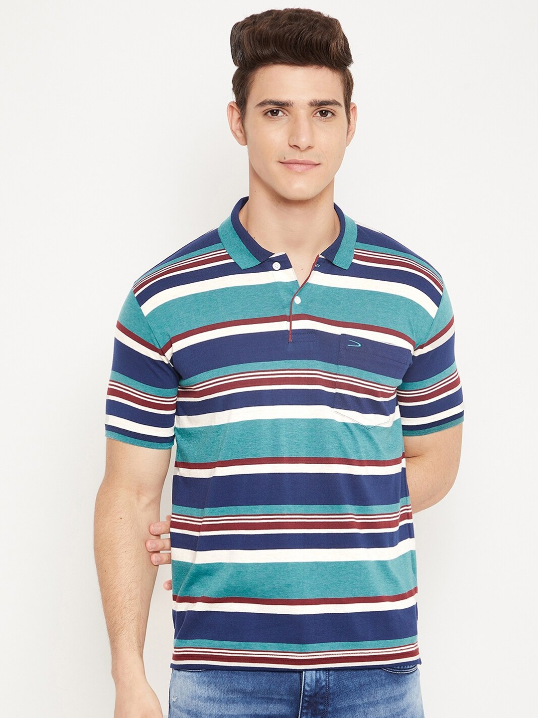 

Duke Men Blue Striped Polo Collar T-shirt