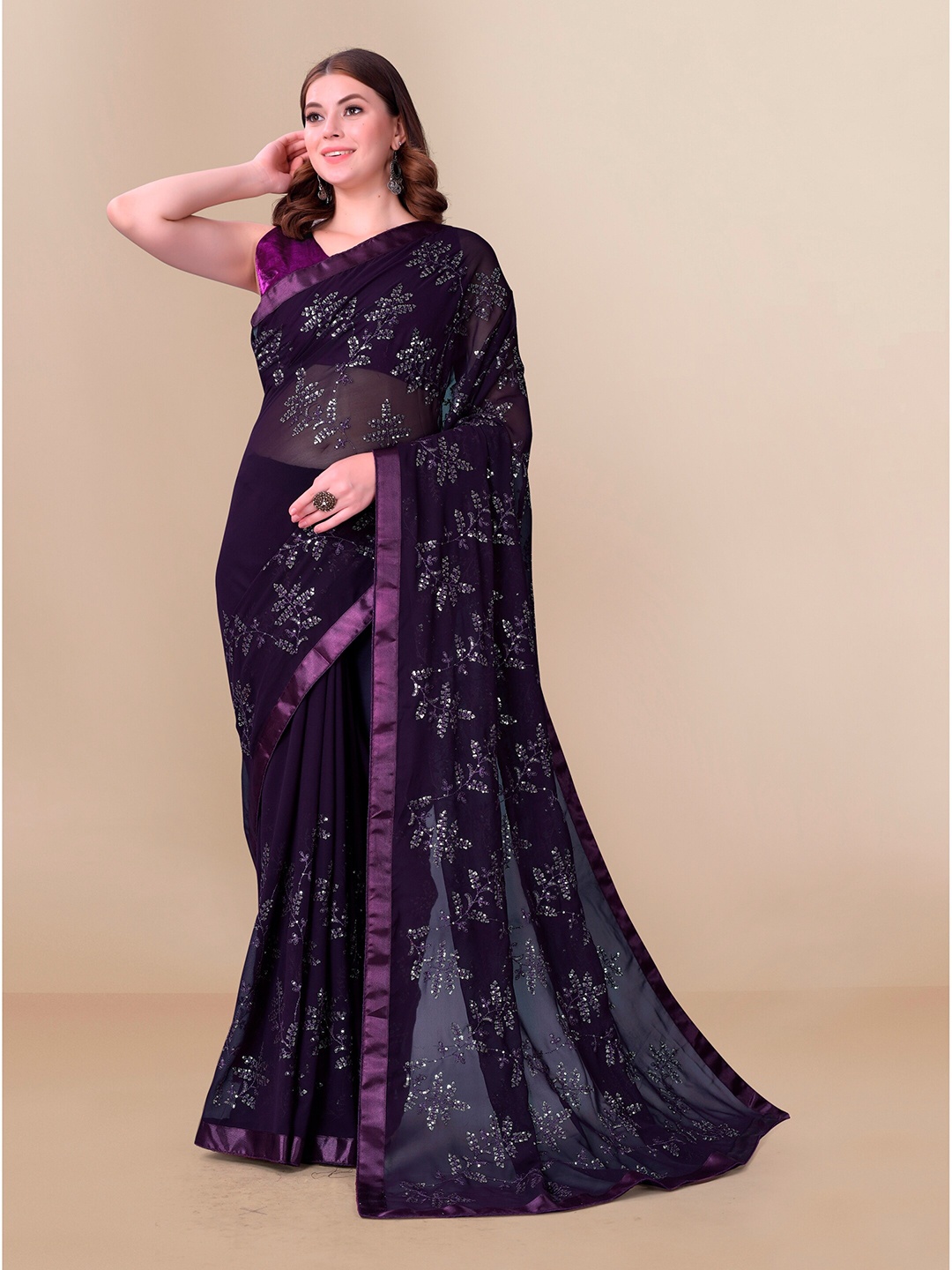 

VAIRAGEE Purple Floral Pure Georgette Saree