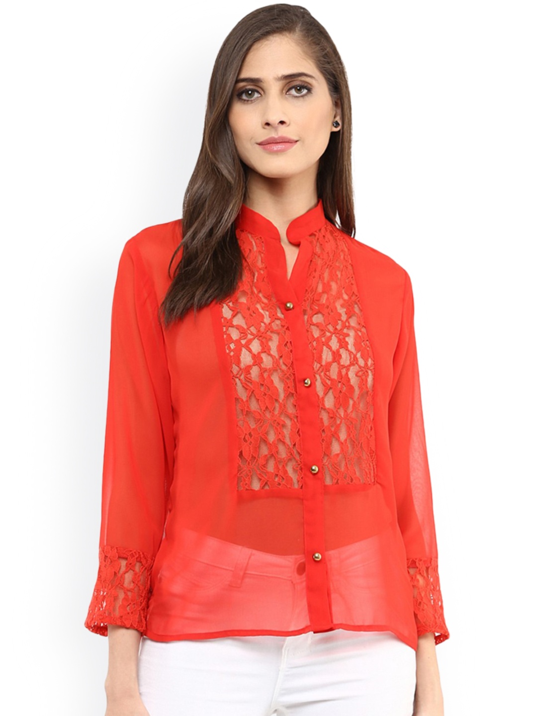 

Zima Leto Women Red Solid Shirt-Style Sheer Top