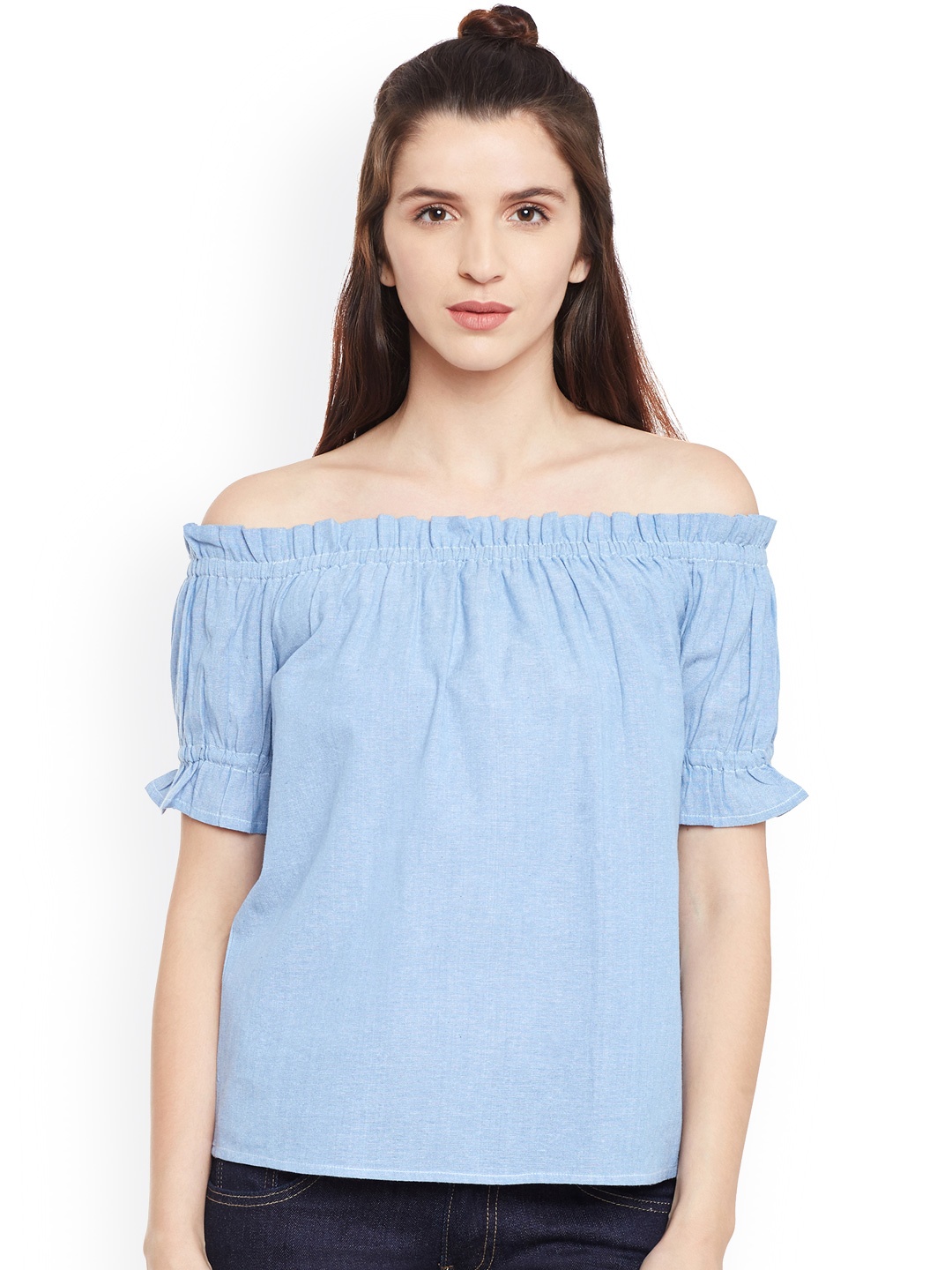 

Belle Fille Women Blue Solid Bardot Top