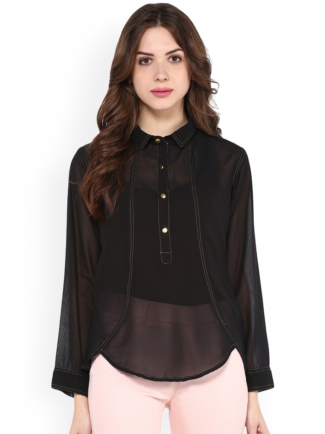 

Zima Leto Women Black Solid Sheer Shirt-Style Top