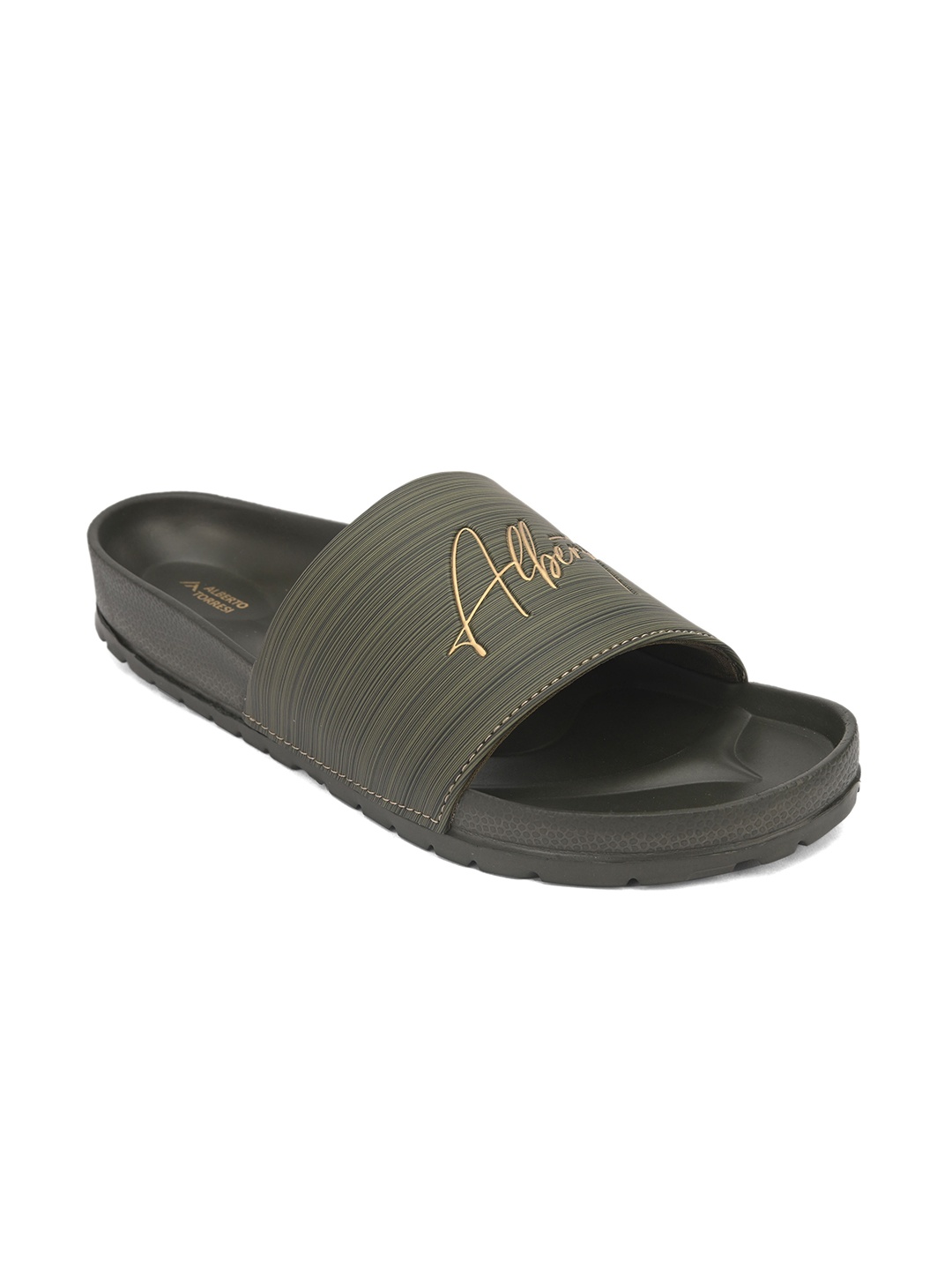 

Alberto Torresi Men Olive Green & Yellow Printed Sliders