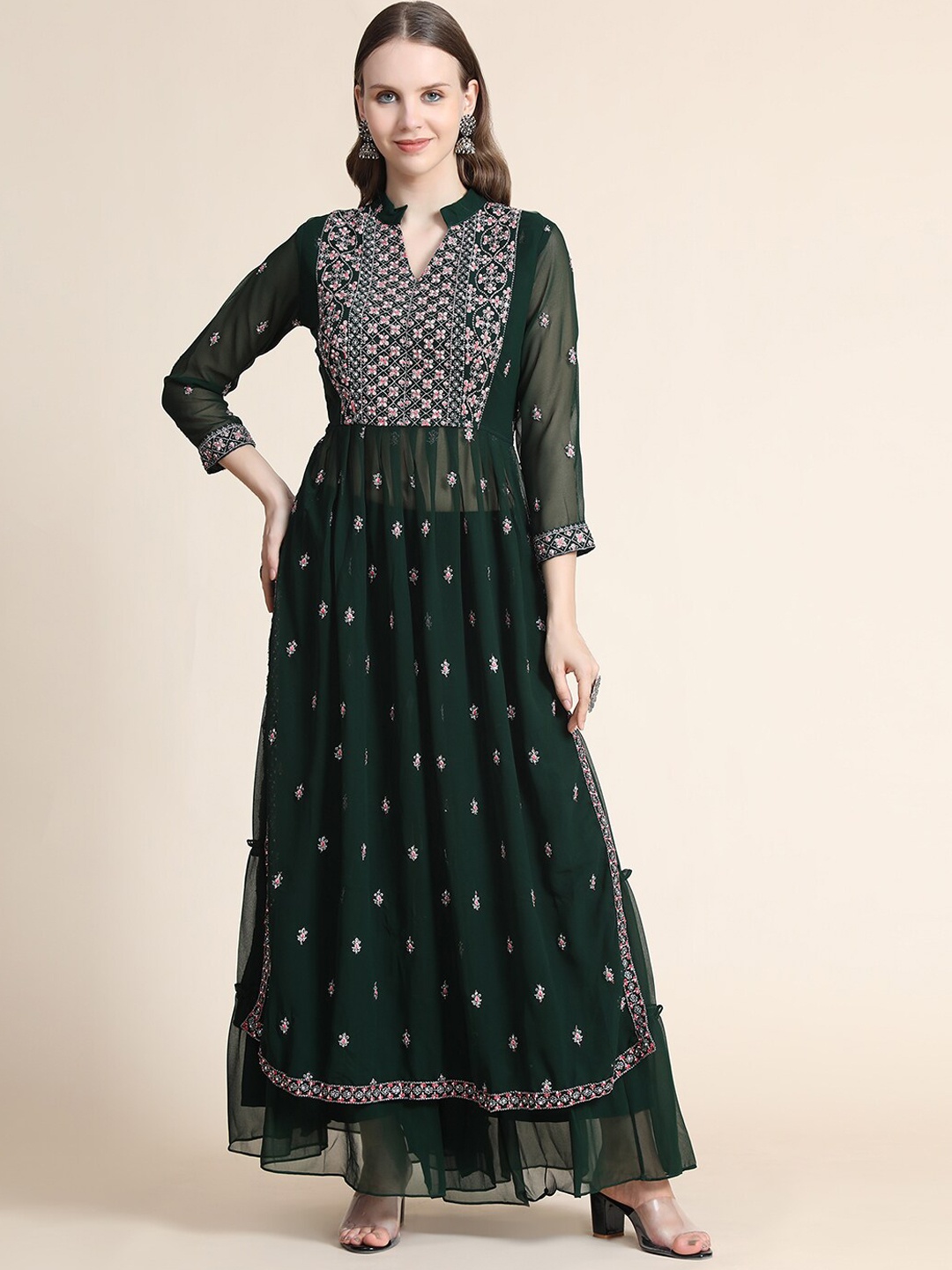 

KALINI Women Green Ethnic Motifs Printed Thread Work Silk Georgette Kurta with Sharara