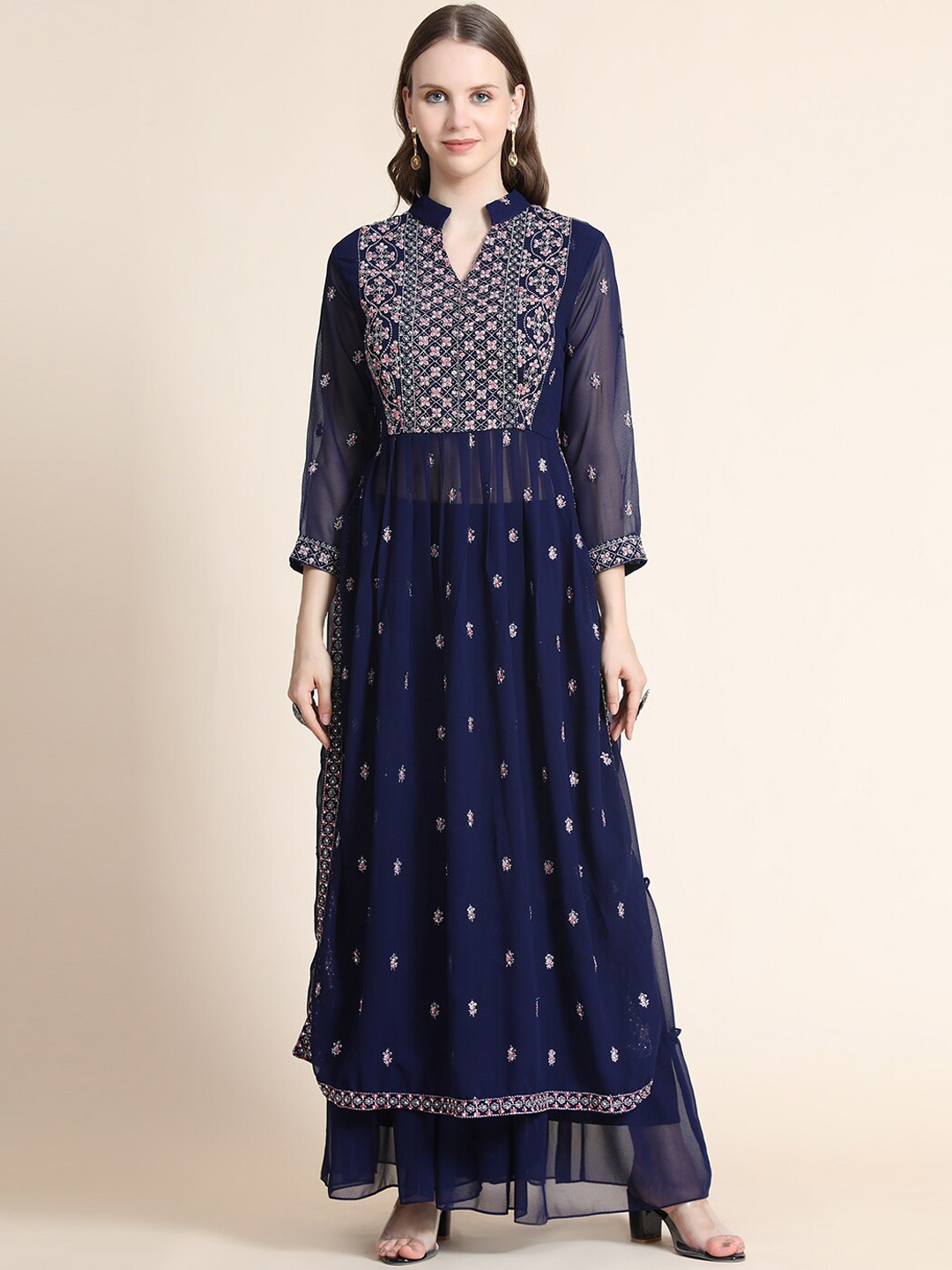 

KALINI Women Blue Embroidered Silk Georgette Kurta with Palazzos