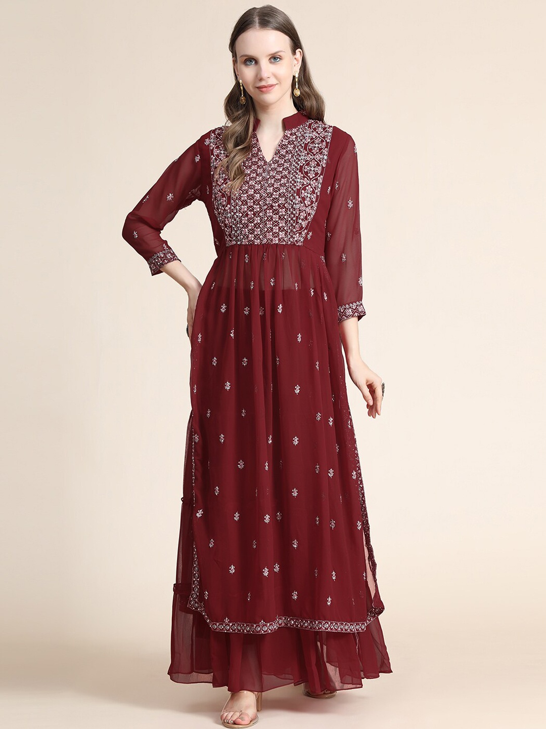 

KALINI Women Maroon Ethnic Motifs Printed Empire Thread Work Silk Georgette Kurta with Sharara