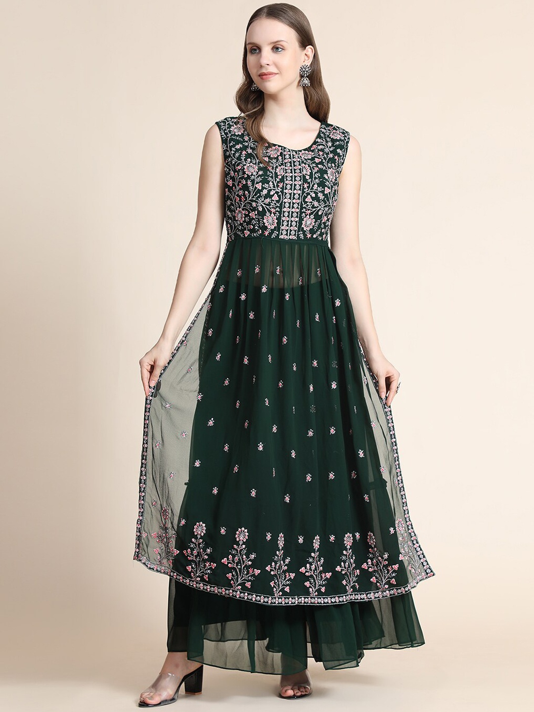 

KALINI Women Green Embroidered High Slit Silk Georgette Kurta with Sharara