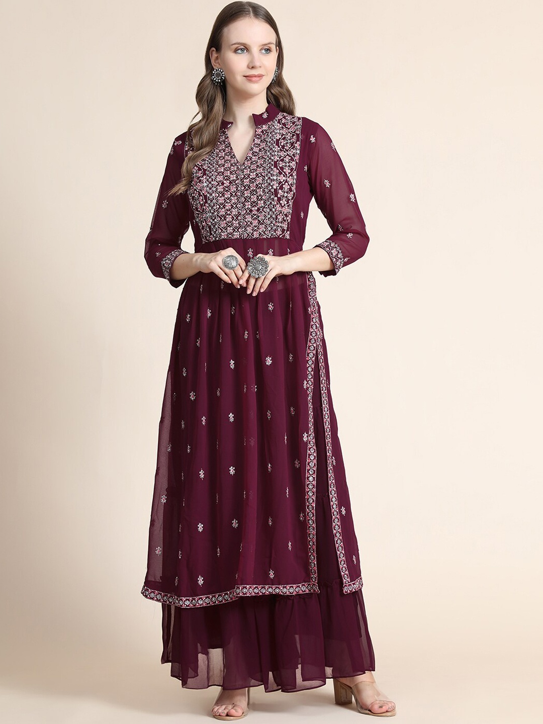 

KALINI Women Burgundy Floral Yoke Design Empire Silk Georgette Kurta with Sharara