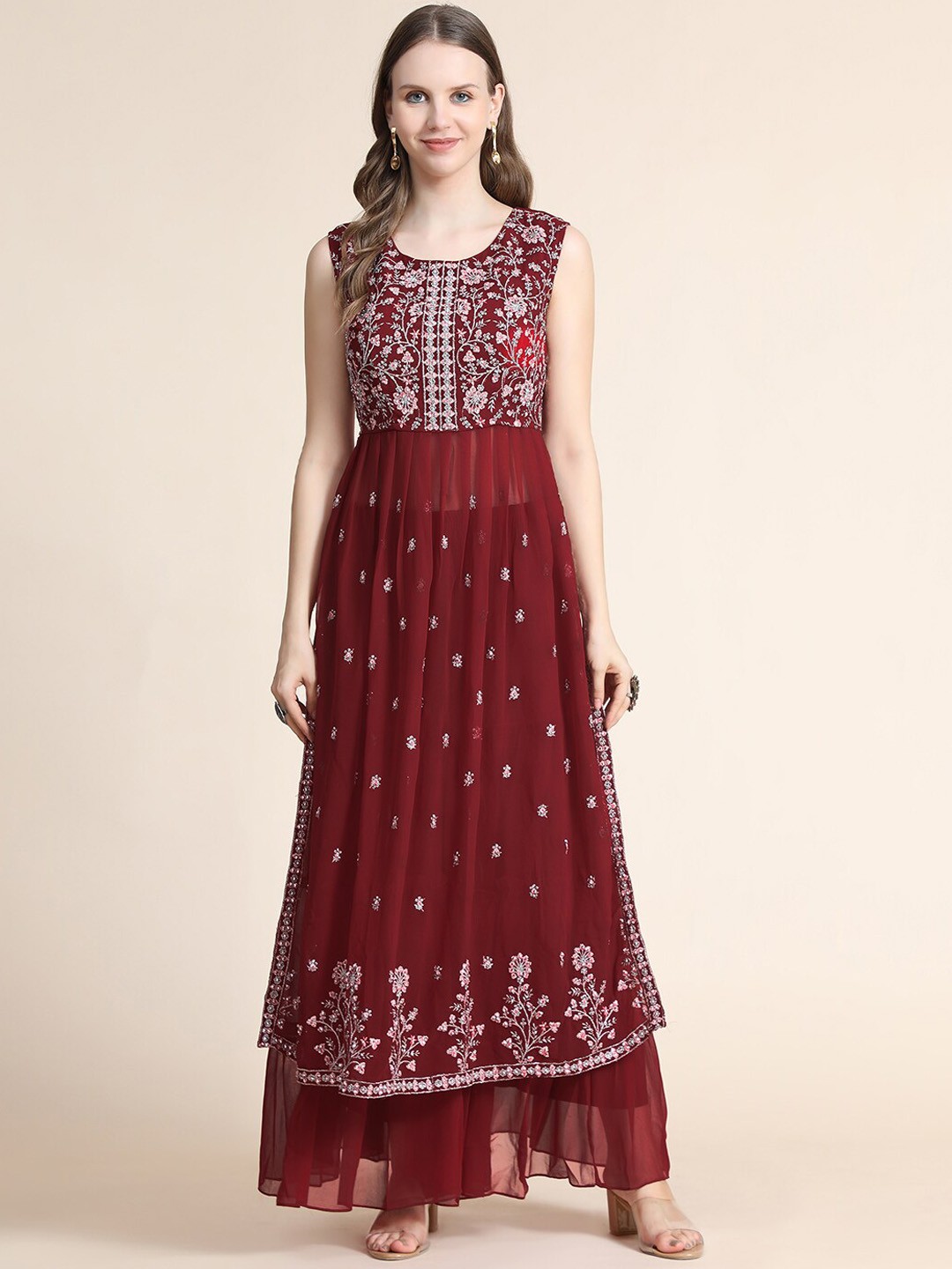 

KALINI Women Maroon Ethnic Motifs Embroidered Thread Work Silk Georgette Kurti with Sharara