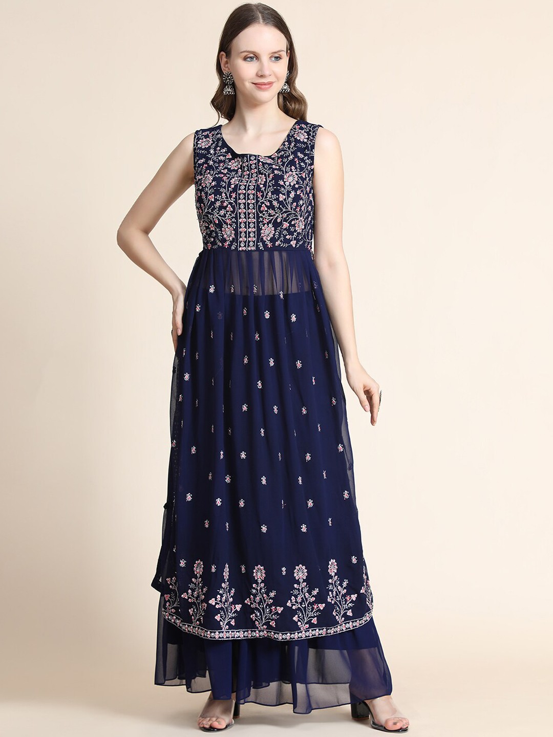 

KALINI Women Blue Ethnic Motifs Printed Empire Silk Georgette Kurta with Sharara