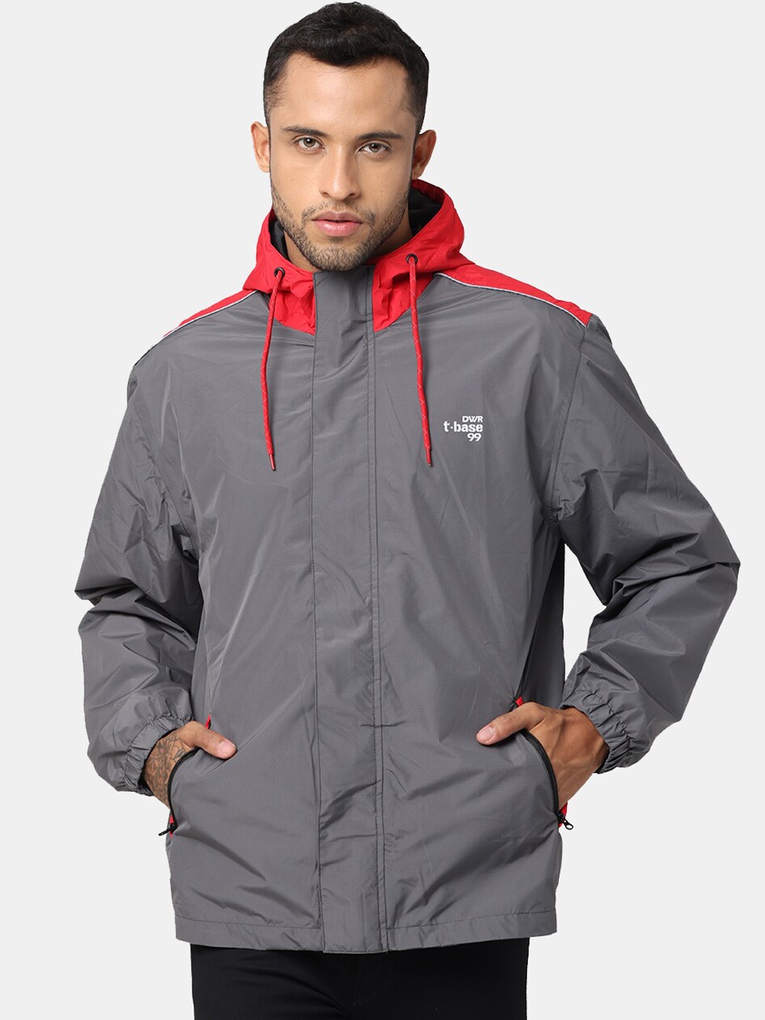 

t-base Men Grey Red Colourblocked Windcheater and Water Resistant Sporty Jacket