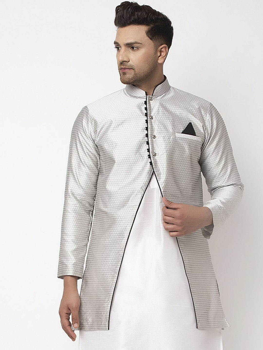 

Benstoke Men Grey Embellished Woven Design Silk Blend Nehru Jacket