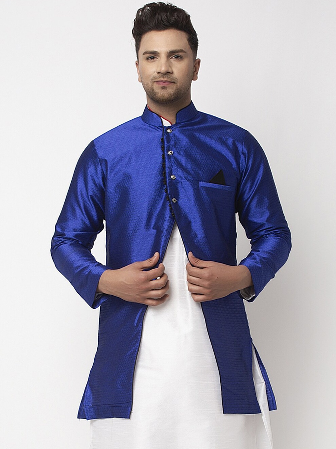 

Benstoke Men Blue Solid Silk Blend Nehru Jacket