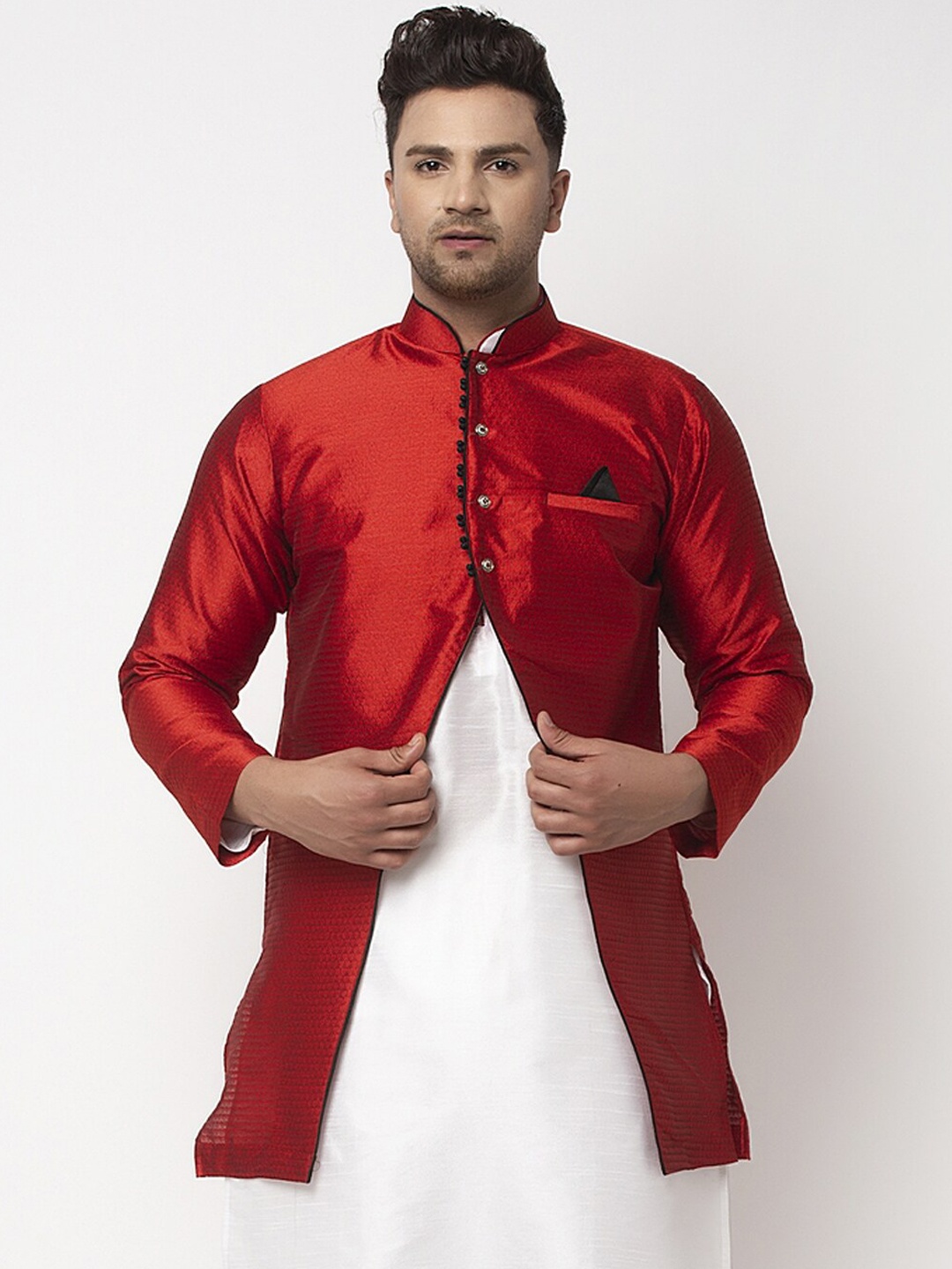 

Benstoke Men Red Woven Design Silk Blend Nehru Jacket