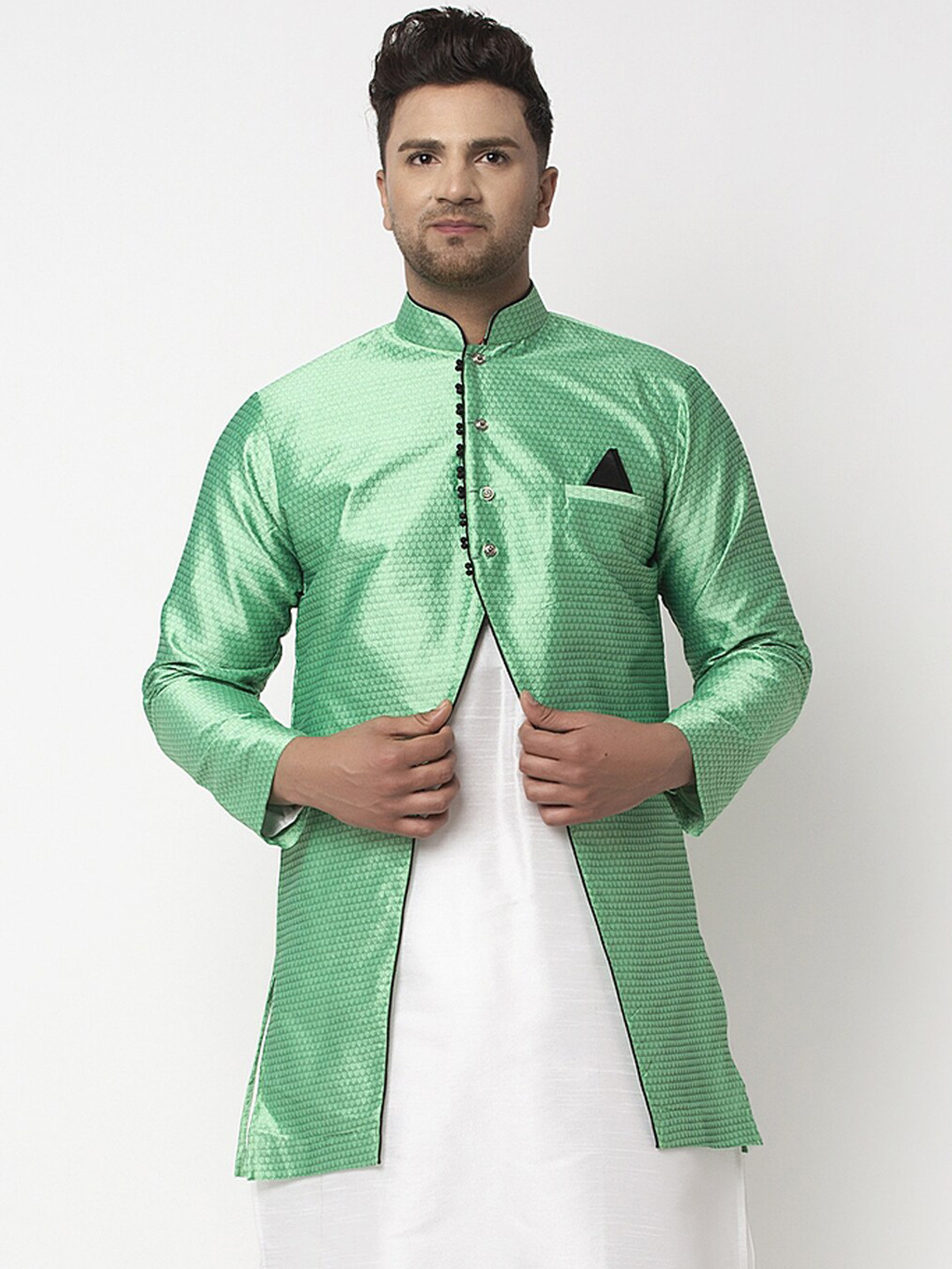 

Benstoke Mens Sea Green Silk Blend Ethnic Jacket
