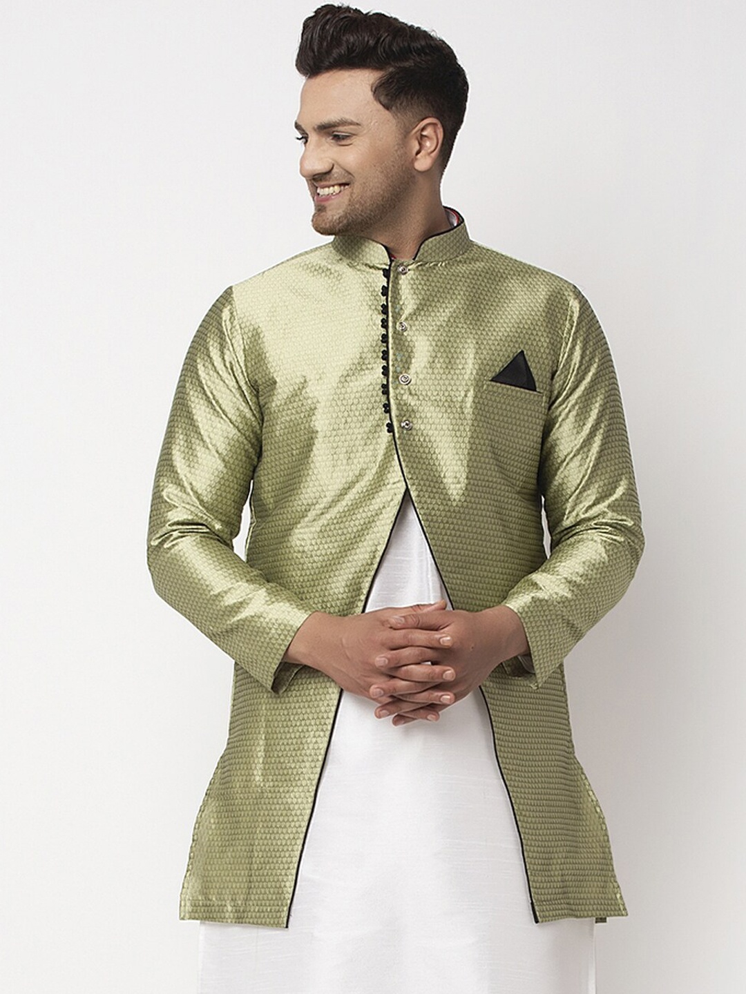 

Benstoke Men Green Regular Fit Woven Design Nehru Jacket
