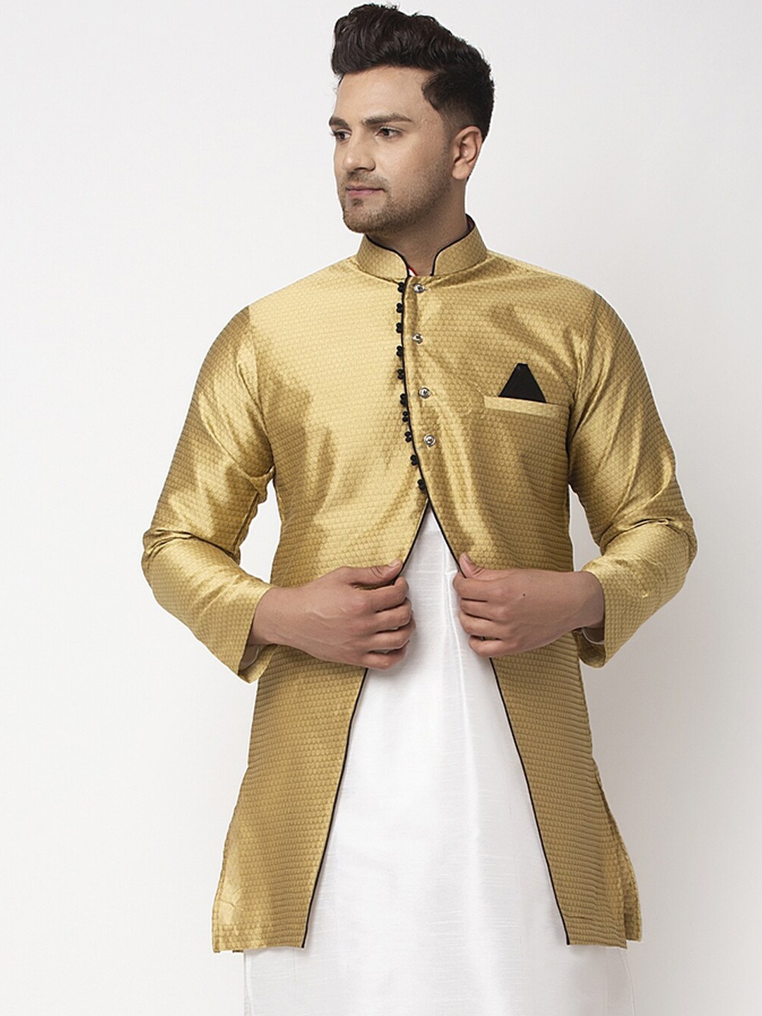 

Benstoke Men Gold-Toned Woven Design Nehru Jackets