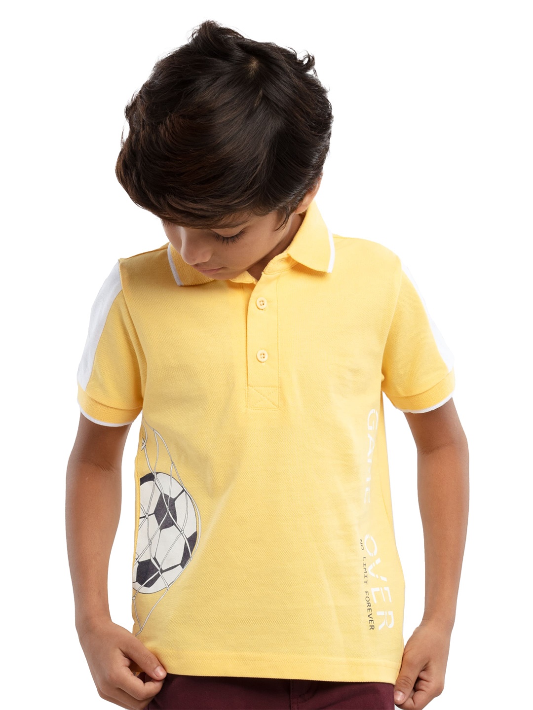 

UNDER FOURTEEN ONLY Boys Yellow Printed Cotton Polo Collar T-shirt