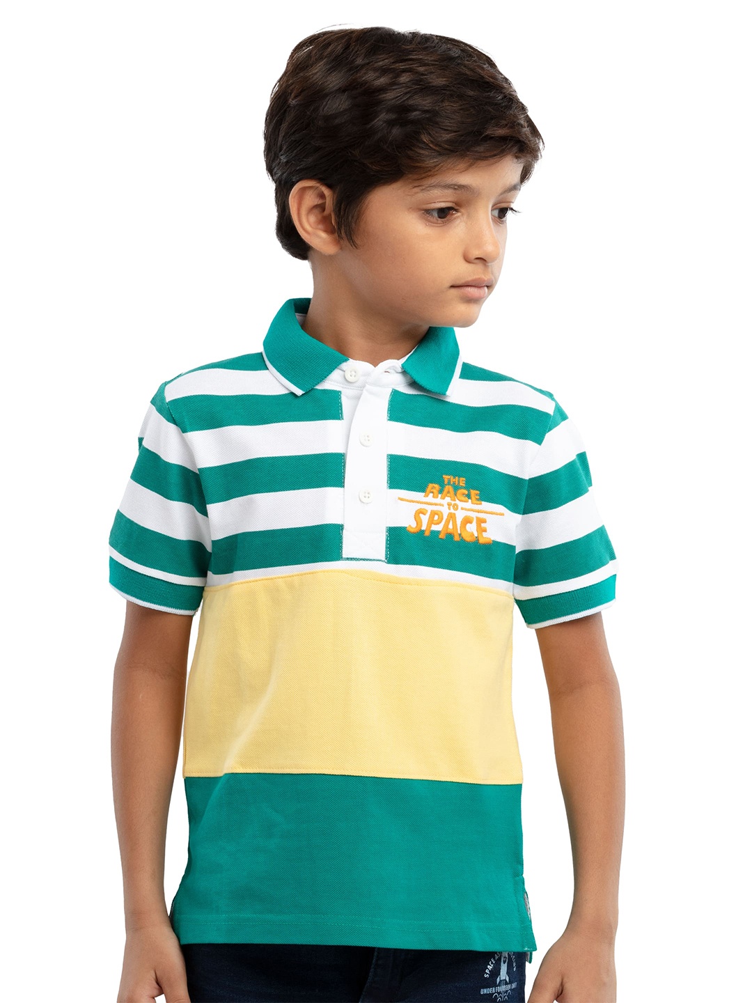 

UNDER FOURTEEN ONLY Boys Green & Yellow Colourblocked Cotton Polo Collar T-shirt