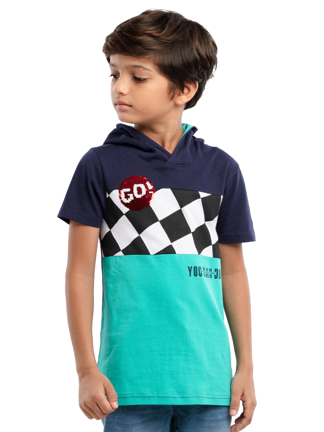 

UNDER FOURTEEN ONLY Boys Navy Blue Printed Applique T-shirt With Hood