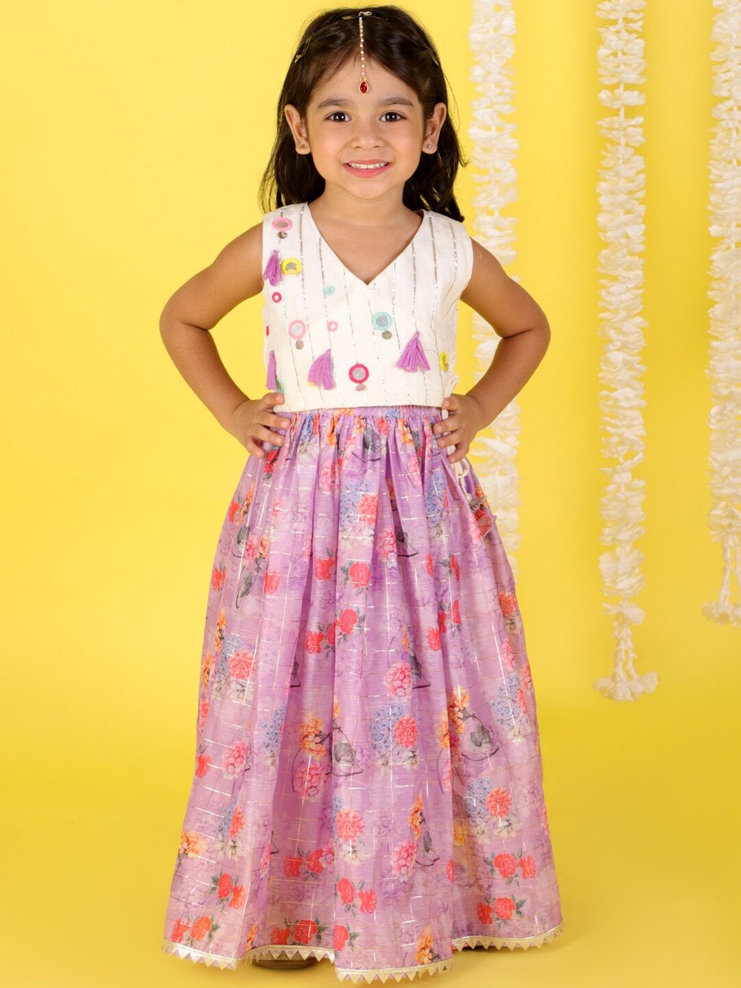 

LIL DRAMA Girls Purple & White Printed Mirror Work Ready to Wear Lehenga Choli