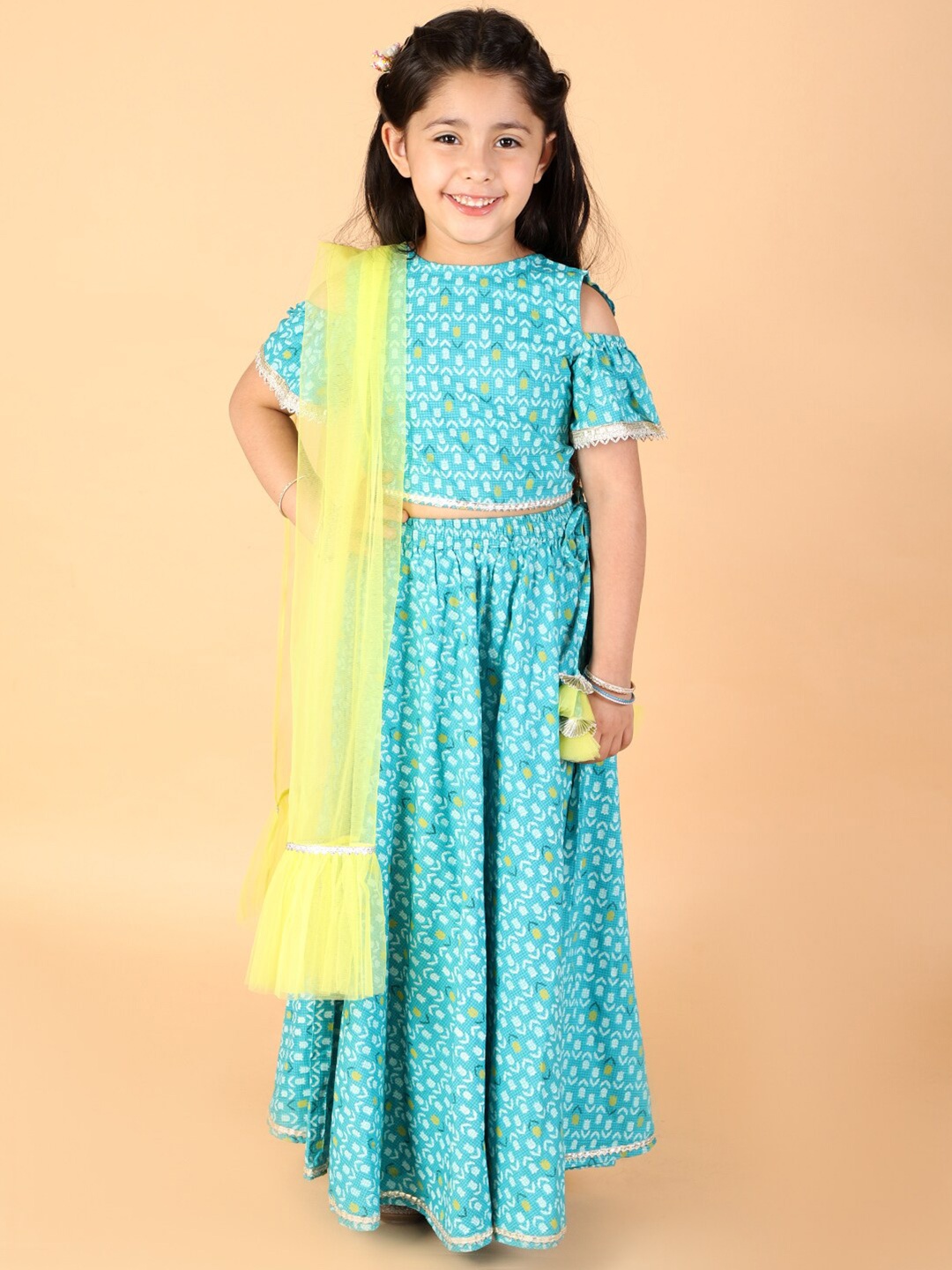 

LIL DRAMA Girls Blue & Yellow Printed Ready to Wear Lehenga & Blouse With Dupatta