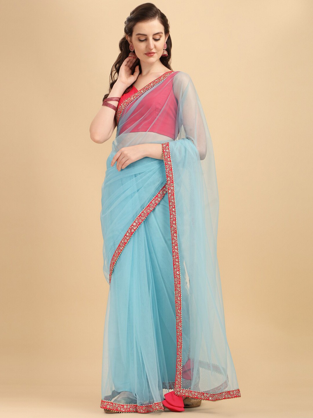 

Sangria Blue & Red Embroidered Net Saree