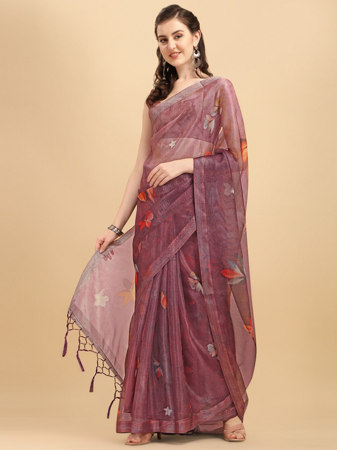 

Sangria Women Mauve Floral Sequinned Silk Blend Saree with Organza Blouse Piece