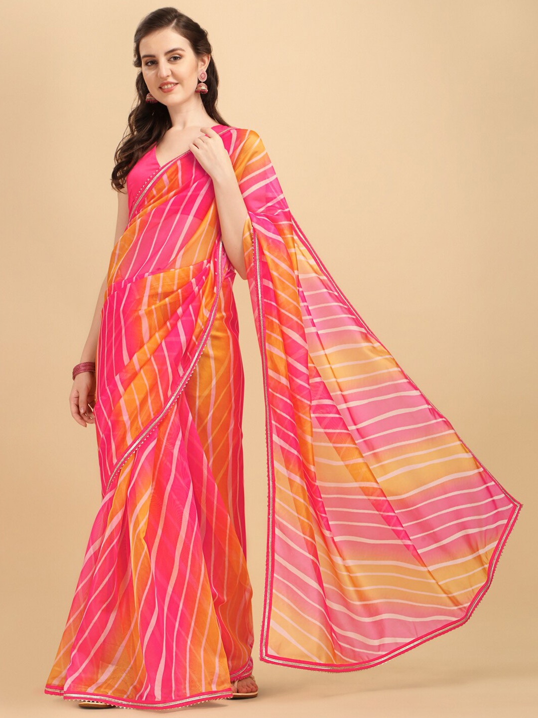 

Sangria Pink & Yellow Leheriya Gotta Patti Organza Leheriya Saree