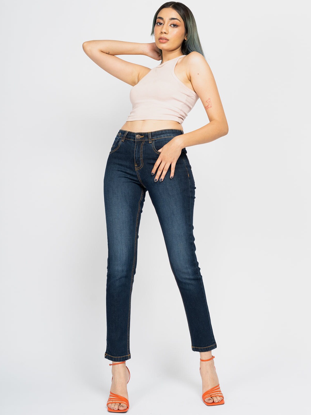 

FREAKINS Women Blue Slim Fit High-Rise Light Fade Jeans