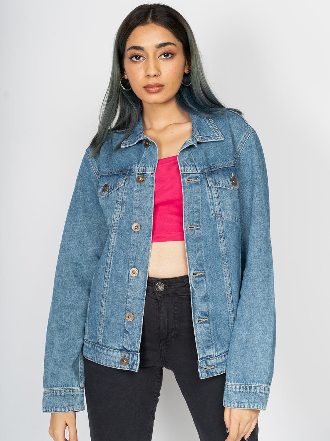 

FREAKINS Women Blue Washed Denim Jacket