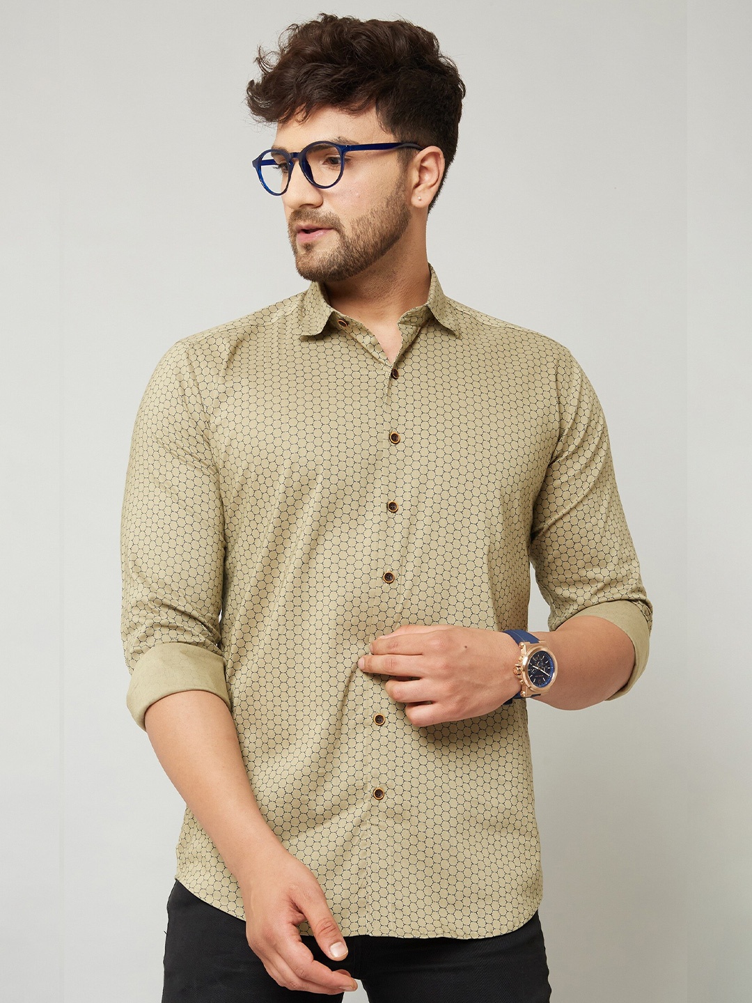 

MR KAMEEJ Men Khaki Printed Cotton Relaxed Casual Shirt