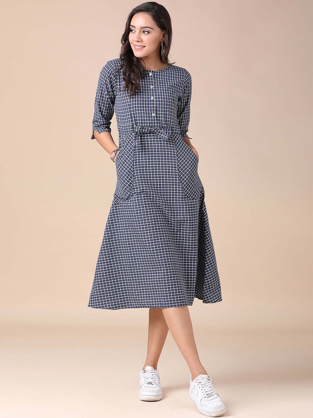 

J Turritopsis Blue Checked A-Line Midi Dress
