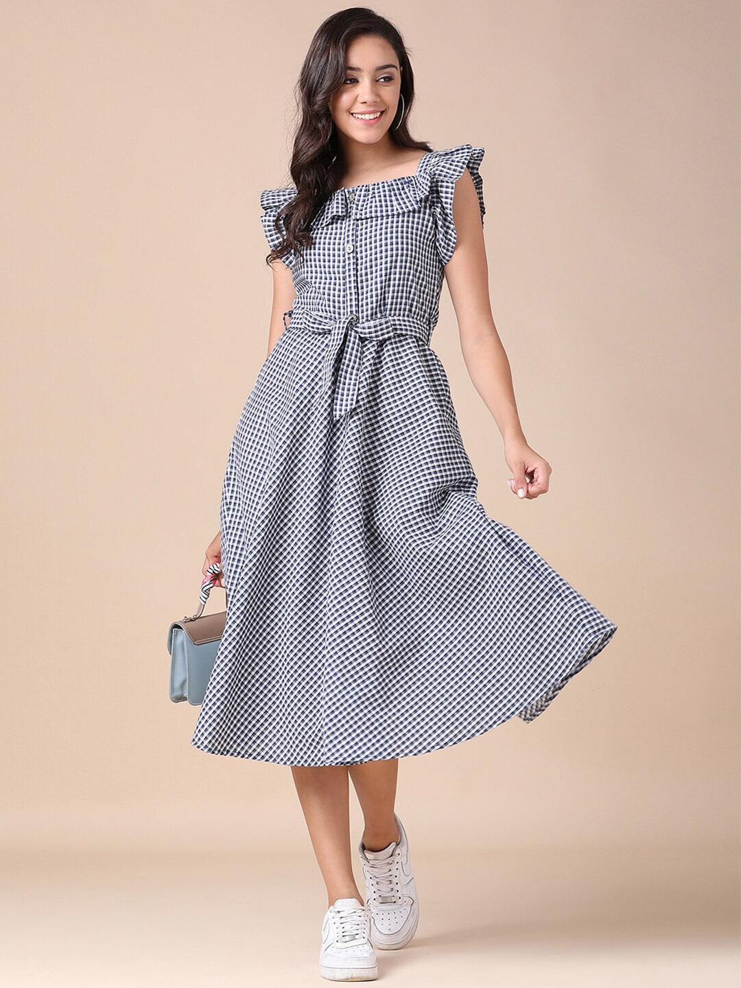 

J Turritopsis Blue-White & billowing sail Striped A-Line Midi Dress